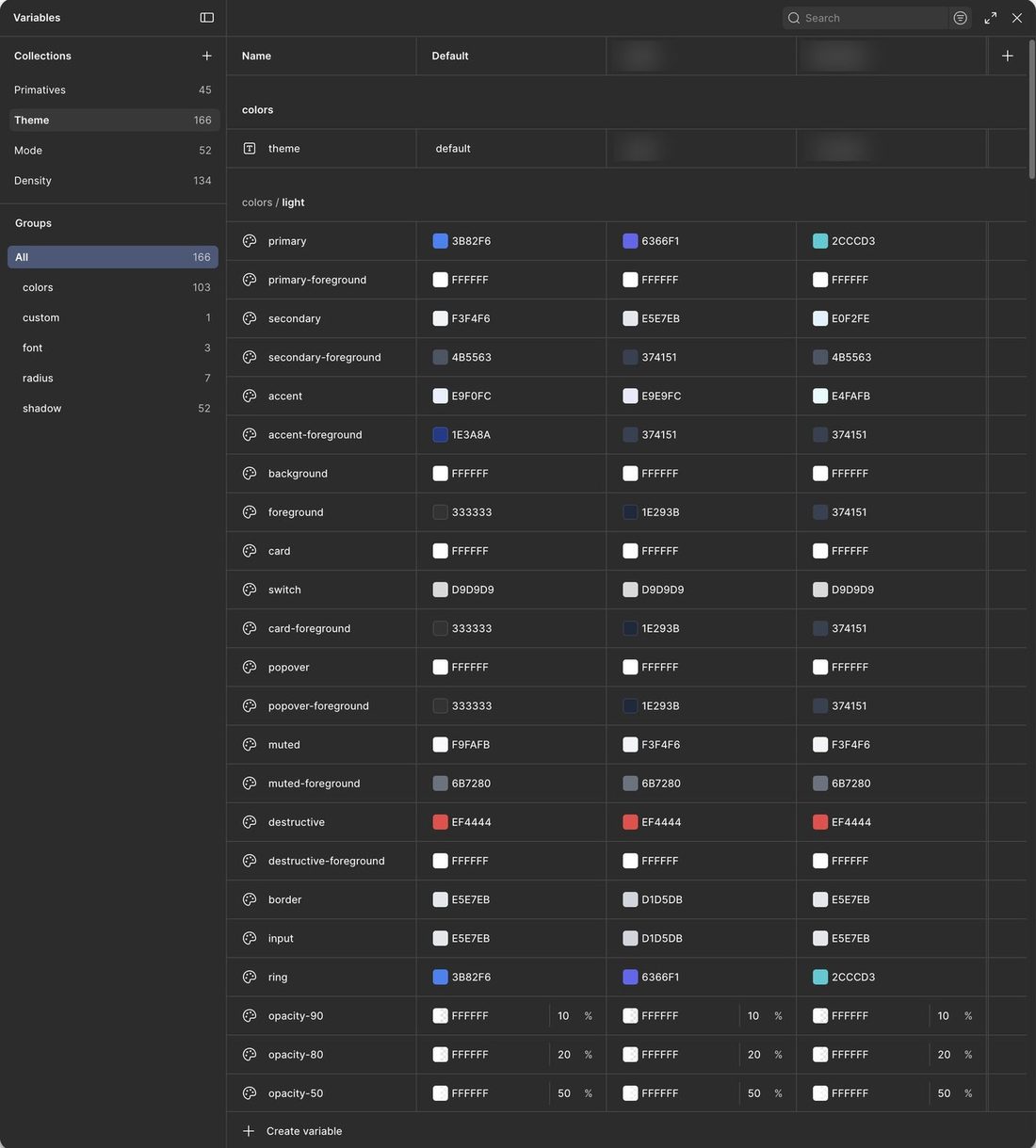 Figma variables: theme colours across three themes, light and dark.
