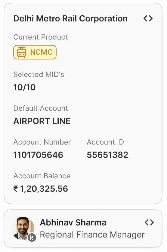 Context card: company, product, merchant IDs, default account, account number and balance, with the user and their role below.