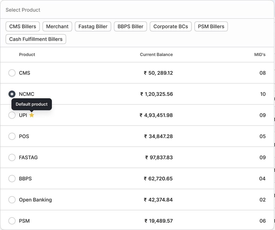 Product selector: biller-type filters above eight products, each with its balance and number of merchant IDs. One is selected; another is starred as the default.