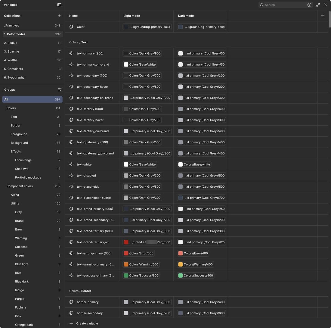 Figma variables: text colour tokens with light and dark values.