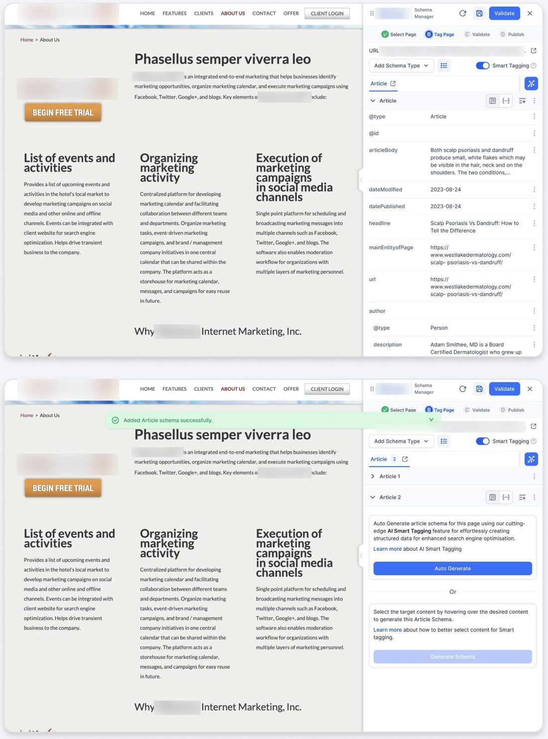 AI schema generation: a side panel with validate and publish steps, and a manual route beside auto generate.
