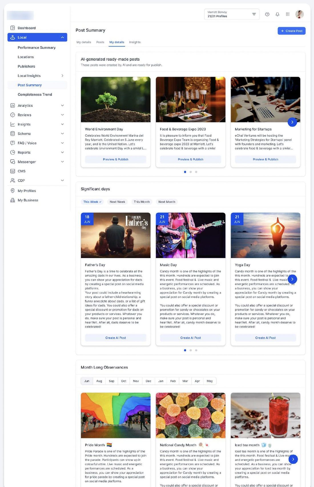 AI suggested posts: ready-made posts grouped by significant days, each with preview and publish.