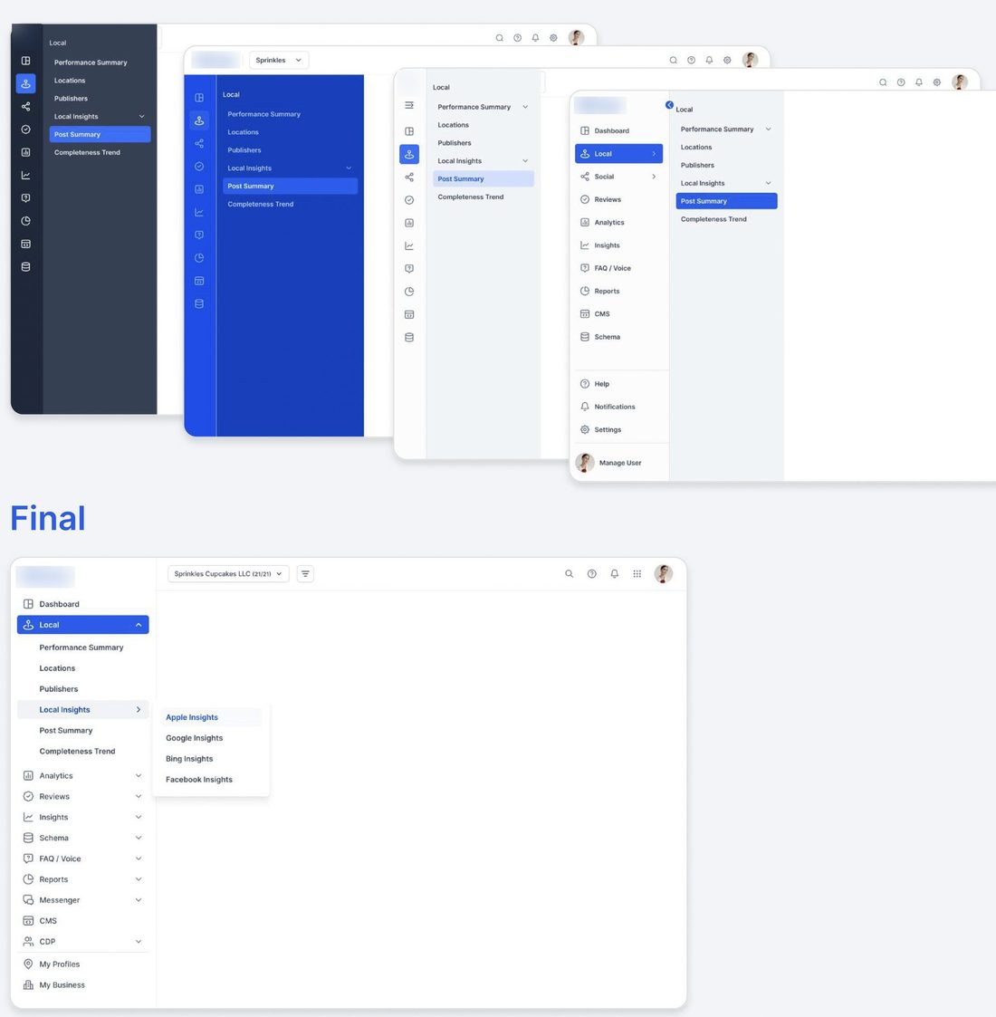 Navigation explorations: four left-navigation treatments side by side, and the final structure below with its hover third level open.