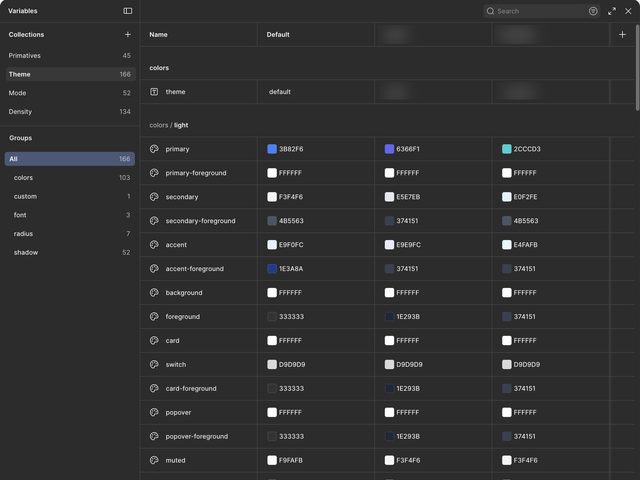 Design token variables across three themes, in light and dark modes.