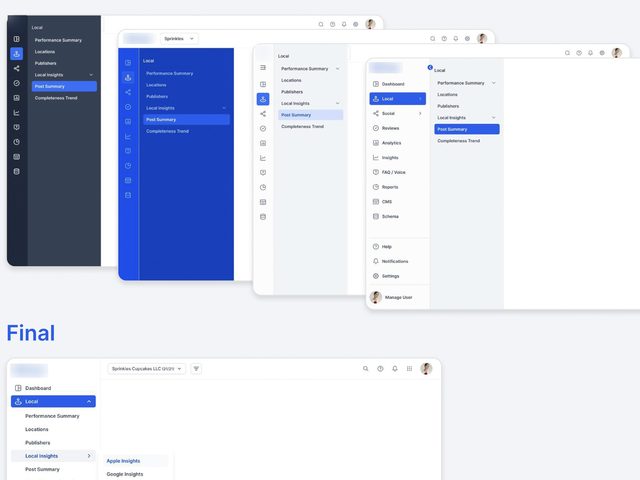 Four navigation explorations for a marketing platform, with the chosen left navigation below.